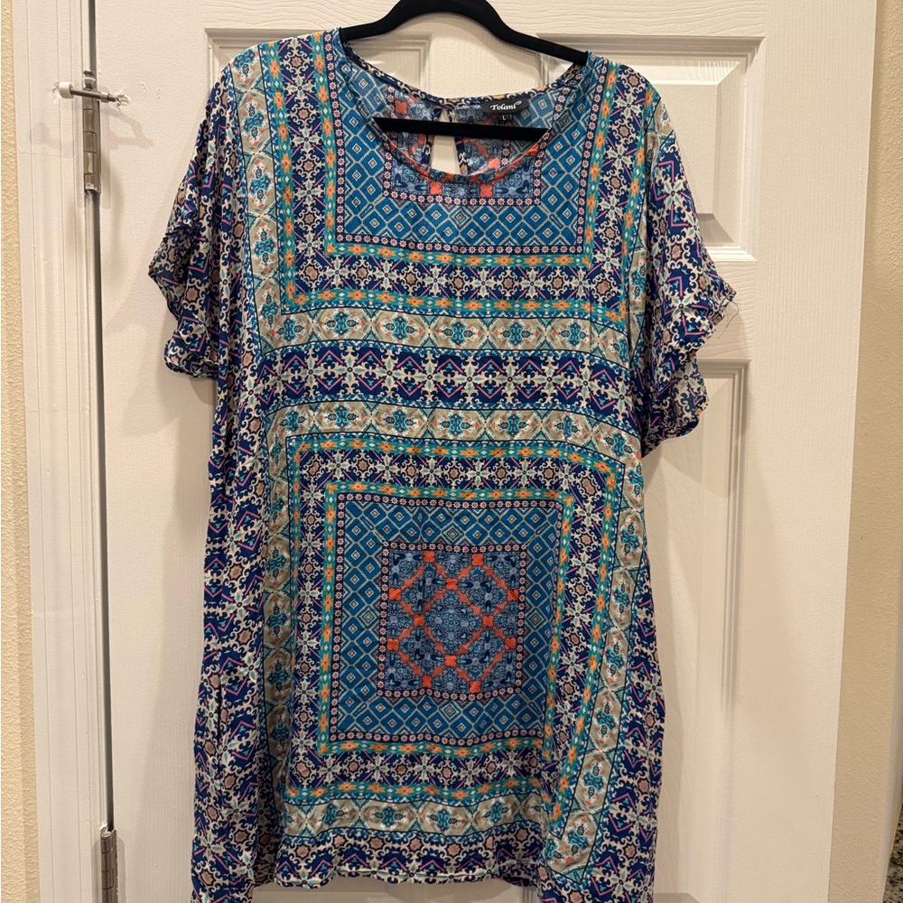 Anthropologie Tolani 100% Silk Blue Teal Multicolor Printed Midi Dress